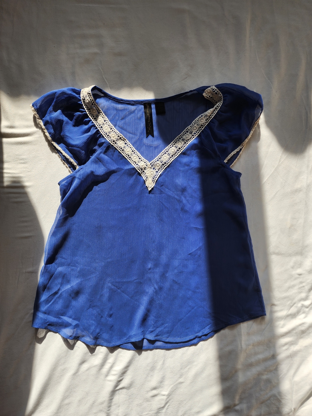 Petticoat Alley Blue Lace Trim Blouse - Lightweight Sheer Fabric
